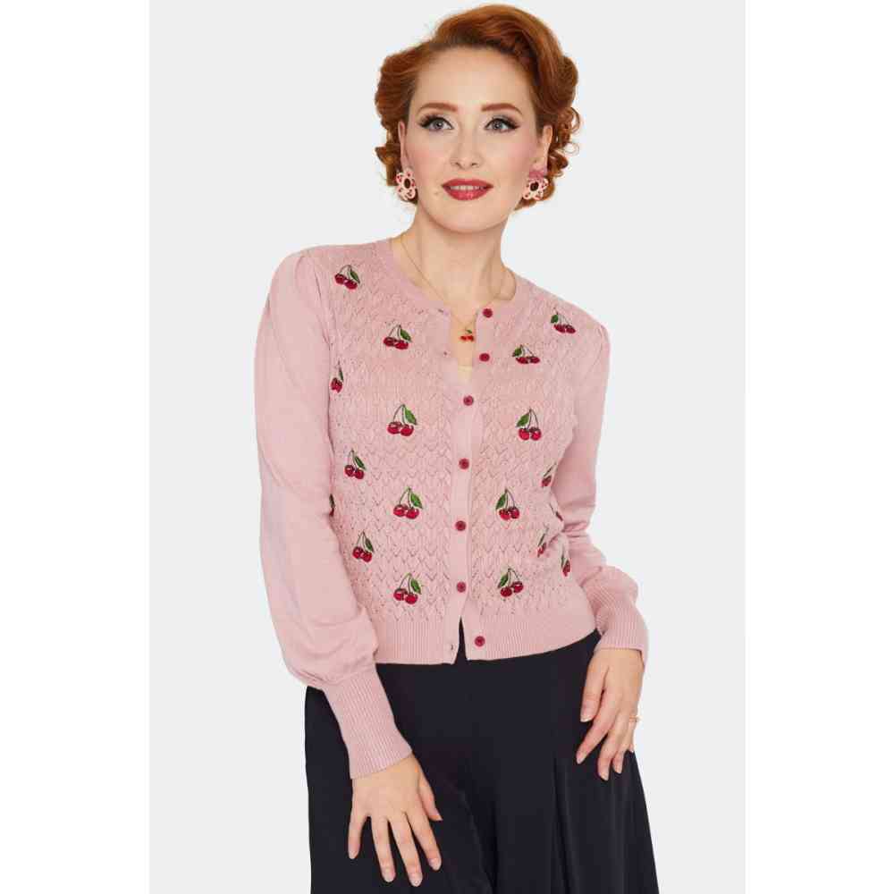 Voodoo Vixen - Cherry Embroidery Bell Sleeve Cardigan - Roze